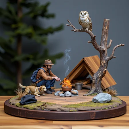 A miniature diorama of a traveler cooking over a campfire in the woods at night. His dog sits beside him and his new friend, an owl, sits on a nearby tree branch. A magical night. <lora:Flux.1_Turbo_Detailer:0.7>, <lora:Diorama_Flux:1>