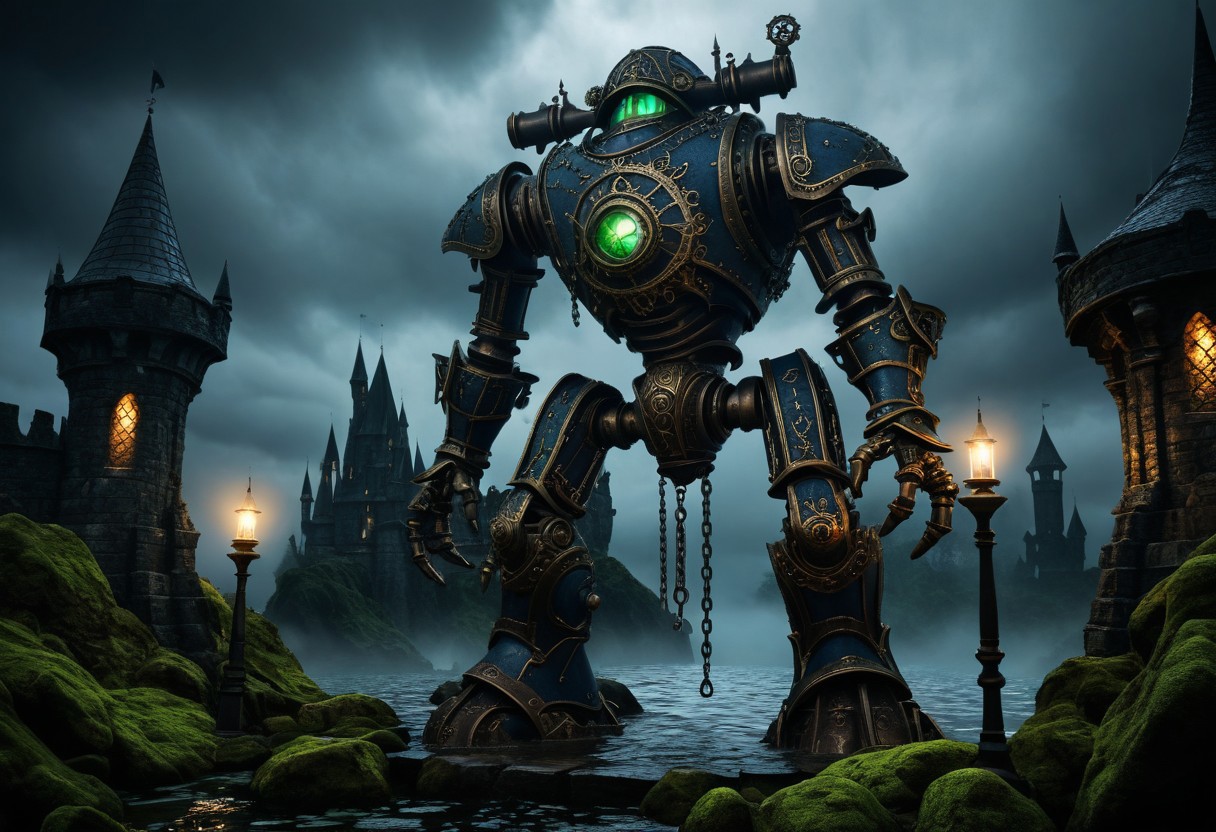 giant bipedal robot dirty dark blue and dark green, bronze paisley robot. lacy robot metal goggle head. outside of a steampunk keep. large detailed torso. dark image. one forty foot tall ancient robot with great arms and two heavy spring legs. dark foggy night background. $dark foggy night image only. dark photo realistic image. steampunk details. cogs, chains and pipes incorporated in the fantasy buildings. magic wizards tower in background. Dark swamp, moss, castle ruins, wizards tower. stormy dark night.  stormy sky.