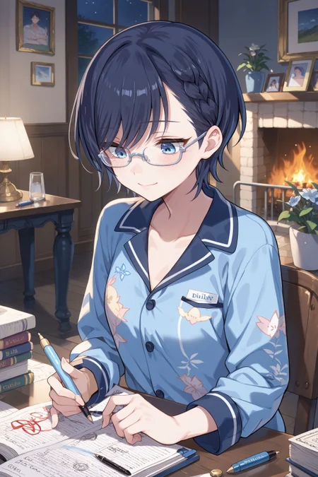 score_max, (score_9, score_8_up, score_7_up:1.2), score_6_up, official art,
masterpiece, absurdres, high detail, 8k,
indoors, table, fireplace, night, upper body,
sitting, holding pen, writing, diary, looking down, light smile, blush,
cattleya, under-rim eyewear, blue pajamas, collarbone, long sleeves,
<lora:XL_Pony_gomaotsu-cattleya-t1:1.0>