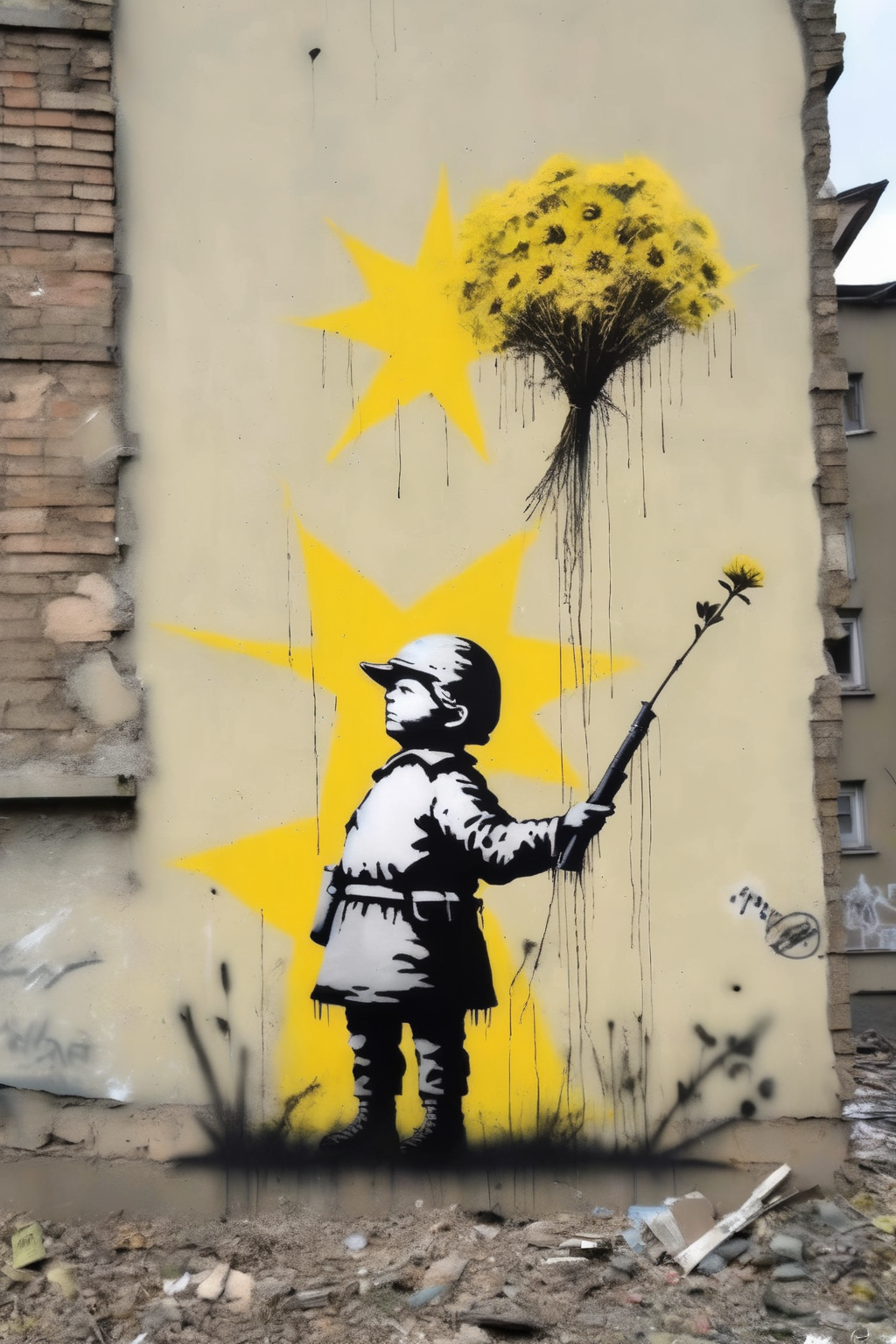 <lora:Banksy Style:1>Banksy Style - crtitisism for the war in Ukraine in the style of Banksy
