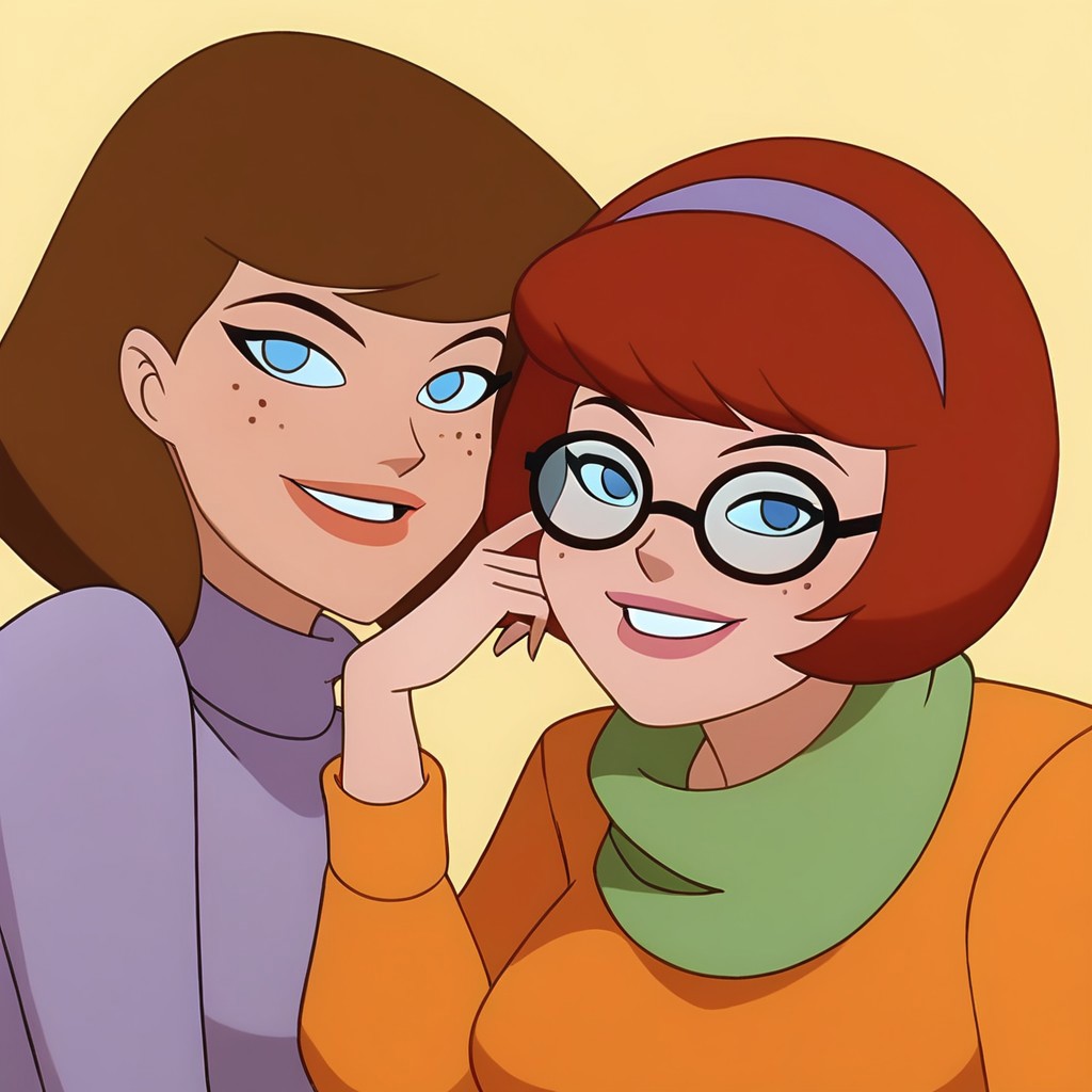 2 woman , Daphne Blake,  Velma Dinkley, Score_9, Score_8_up, Score_7_up, surce_6_up, <lora:BatSup_Anim_90s_PDXL:0.8> batsup90xl, flat color, 90s, 1 girl, Daphne blake, wide hips, red hair, long hair, purple headband, blue eyes, smile, looking at viewer, purple minidress, green scarf, big breasts, pantyhose roses, upper body, REST , 1 girl, Velma Dinkley, wide hips, short hair, brown hair, bob haircut, brown pajamas, freckles, sweater-rimmed glasses, smile, turtleneck, orange sweater, big breasts, red skirt, pleated skirt, part upper body,
