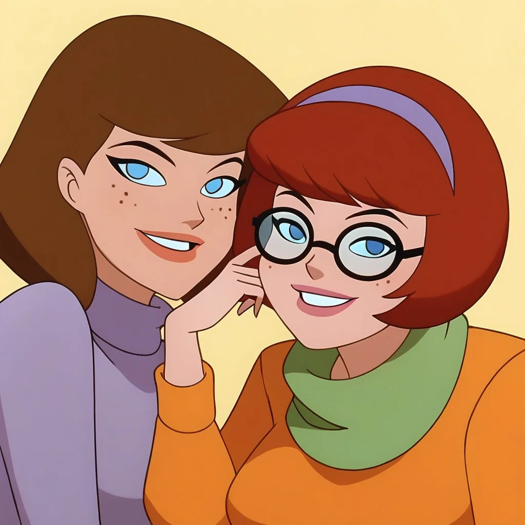 2 woman , Daphne Blake, Velma Dinkley, Score_9, Score_8_up, Score_7_up, surce_6_up, <lora:BatSup_Anim_90s_PDXL:0.8> batsup90xl, flat color, 90s, 1 girl, Daphne blake, wide hips, red hair, long hair, purple headband, blue eyes, smile, looking at viewer, purple minidress, green scarf, big breasts, pantyhose roses, upper body, REST , 1 girl, Velma Dinkley, wide hips, short hair, brown hair, bob haircut, brown pajamas, freckles, sweater-rimmed glasses, smile, turtleneck, orange sweater, big breasts, red skirt, pleated skirt, part upper body,
