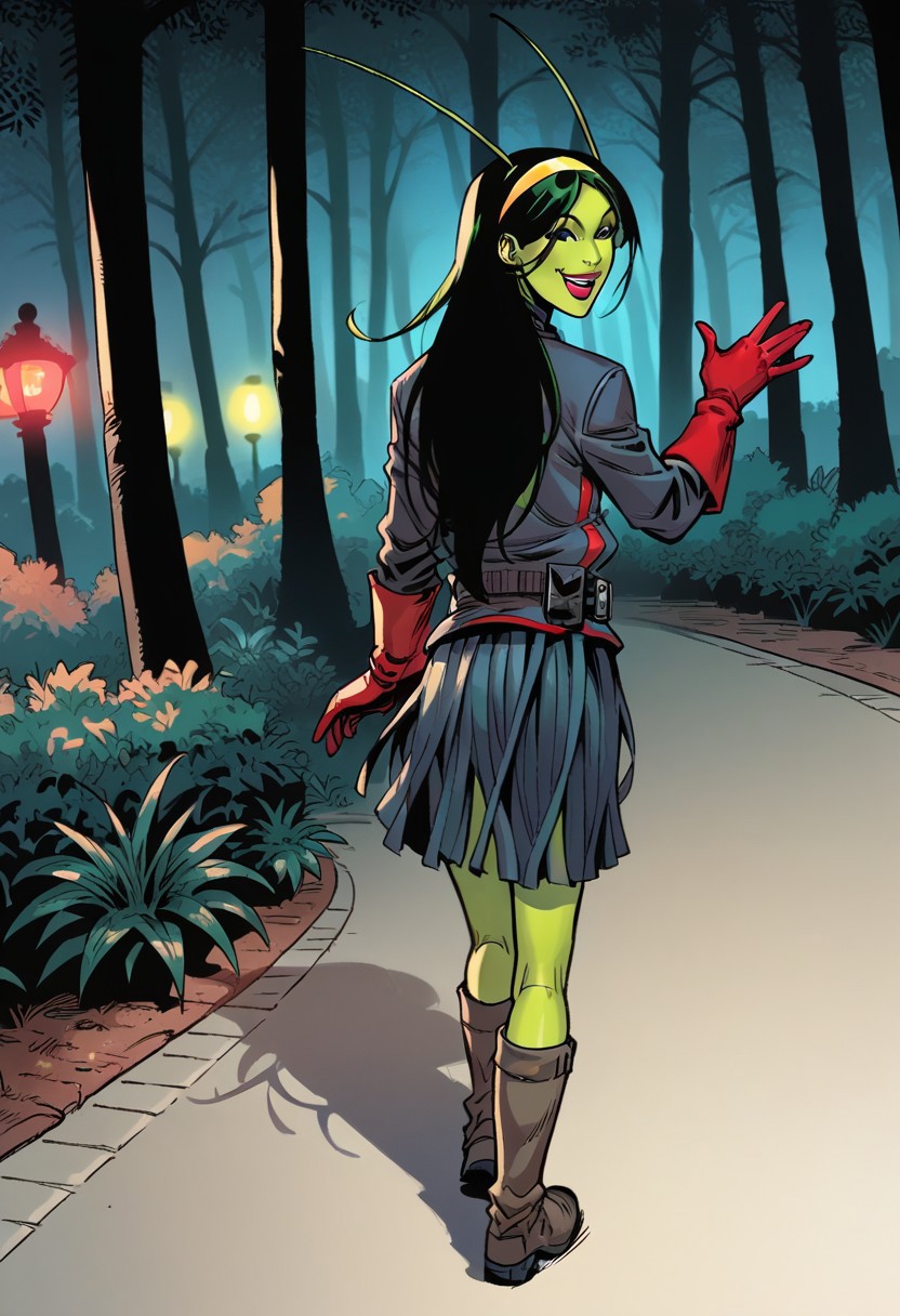 1girl, score_9, score_8_up, score_7_up, masterpiece, high quality, western cartoon, neon lighting, very detailed, depth of field, full color picture, solo, alone, petite, natural light sources,
1girl, commantis, green skin, antennae, black eyes, green hair, yellow hairband, black hair, long hair, belt, red gloves, navy skirt, navy jacket, two tone boots, makeup, pface3, 
full body, from behind, outdoors, forest, purple plants, night, dark, happy, walking opposite from viewer, looking back, smiling, waving,