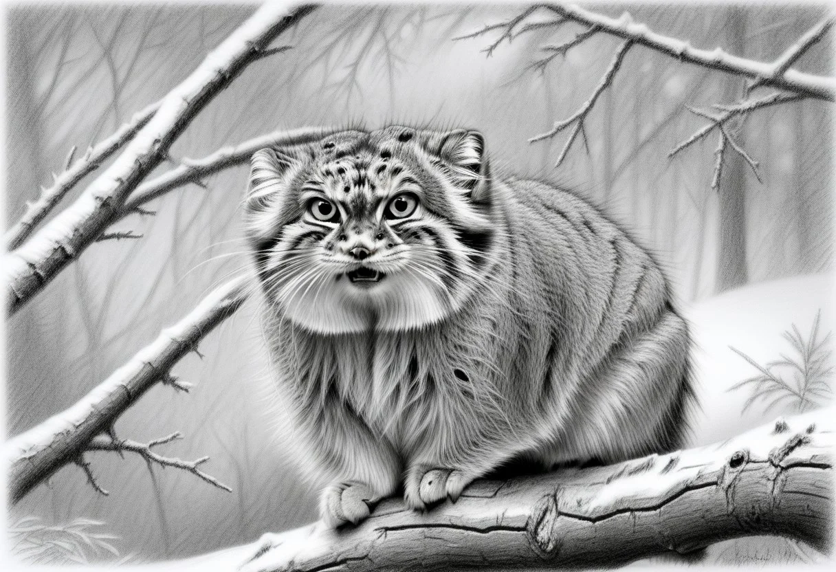 a closeup head shot of an annoyed manul on a branch, Otocolobus manul, looking at viewer, angry, mouth open, background of pines and fir, dead bush, few snowy rocks, snow, light snowfall, tree trunks, Jed-Pen