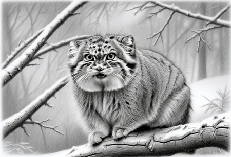 a closeup head shot of an annoyed manul on a branch, Otocolobus manul, looking at viewer, angry, mouth open, background of pines and fir, dead bush, few snowy rocks, snow, light snowfall, tree trunks, Jed-Pen