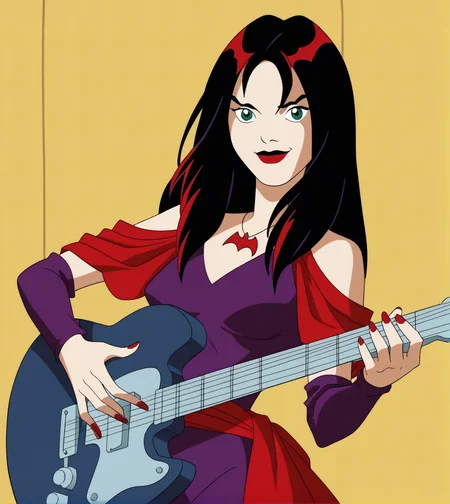 score_9,score_8_up, score_7_up,
hexthorn, 1girl, solo, long black hair with red highlights,
green eyes, purple dress with red draped sleeves, red bat necklace,
playing guitar, holding guitar, yellow background,
retro_artstyle, cartoon, source_cartoon, 1990s_style,
<lora:Thorn_The_Hex_Girls:.9>