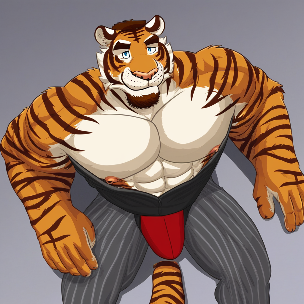 Muscular male, furry, fully dressed, tiger