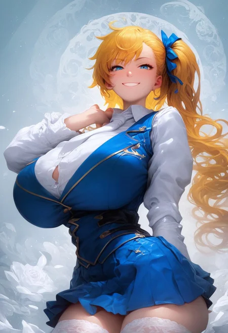(score_9, score_8_up, score_7_up, anime style photo, 4k graphic resolution, detailed background, highly detailed), 1girl, ((huge breasts)), wide hips, thin waist, solo, ((solo)), calm, smile, smirk, seductive, squinted eyes, closed mouth, 1girl, huge breasts, wide hips, thin waist, thick thighs, fujimaru_ritsuka, blonde_hair, long hair, asymmetrical bangs, side ponytail, blue eyes, black shirt, sleeves, white tie, ((blue vest)), blue skirt, ((pleat skirt)), white stockings, cowboy shot, upper body, pale skin, pretty face, (blush:0.7), detailed face and eyes, detailed skin, Expressiveh