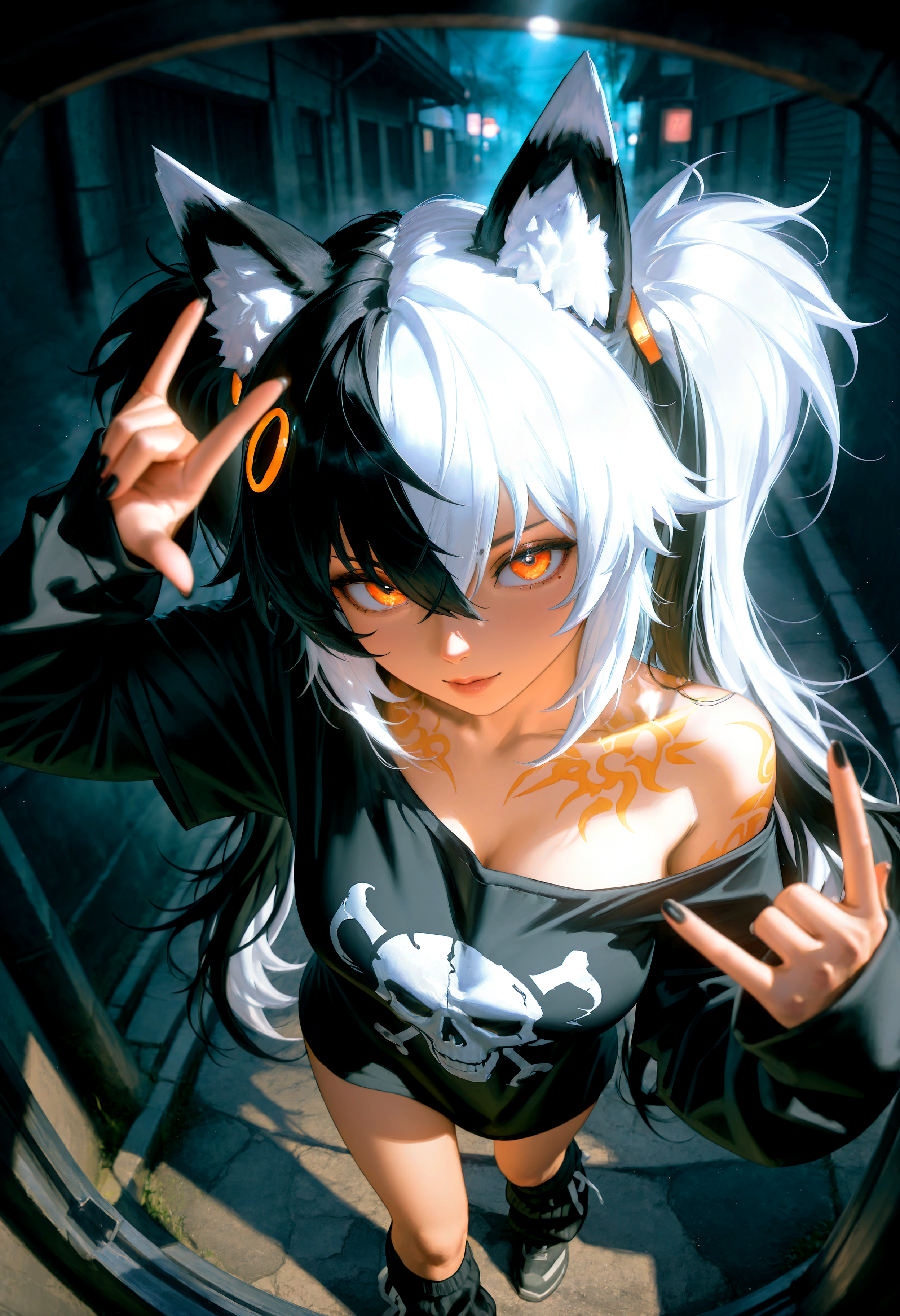 HDR, 8K, high contrast, masterpiece, best quality, amazing quality, very aesthetic, superabsurd res, high resolution, ultra-detailed, absurdres, newest, scenery, (horikoshi kouhei:0.3), (quasarcake:0.3), (wlop:0.3), light rays, chiaroscuro, dynamic angle, from above, hand focus, fisheye, portrait, close up, 1girl, air_kyuu, animal ears, animal ear fluff, orange eyes, twintails, big hair, black hair, white hair, multicolored hair, two-tone hair, split-color hair, hair between eyes, medium breasts, tattoo, bedroom eyes, double \n/, fingernails, black fingernail polish, perfect hands, t-shirt, oversided shirt, (oversized clothes:1.3), baggy t-shirt, skull print shirt, loose socks, leg warmers ,wearing edgGrunge_clothing, (colorful), dark alley, fog, night, dark, cyberpunk, godrays, Intricately designed, Mysterious, BREAK, photorealistic, beautiful detailed eyes, detailed skin, detailed hair, volumetric lighting, dappled light, light particles, dramatic shadows, cinematic lighting, photo background, depth of field, <lora:ponyxl\cfg_scale_boost:0.8> <lora:IL\KMS_AIR_Kyuu_IL-000009:0.7> <lora:IL\edgGrungeFreestyleILS:0.8>