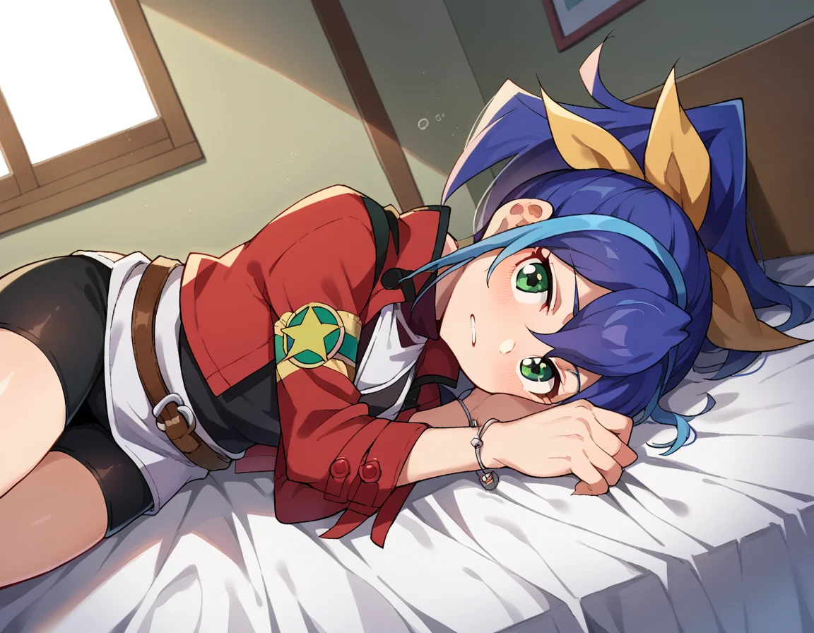 score_9, score_8_up, score_7_up, source_anime,
yugiohserena, <lora:yugioh-serena-ponyxl-lora-nochekaiser:1>,
yugioh serena, blue hair, multicolored hair, ponytail, two-tone hair, green eyes, hair bow, ribbon,
belt, bike shorts, bow, bracelet, jacket, jewelry,
indoors, bed, bed room, on side, blush, drunk,
looking at viewer, cowboy shot, dutch angle,
