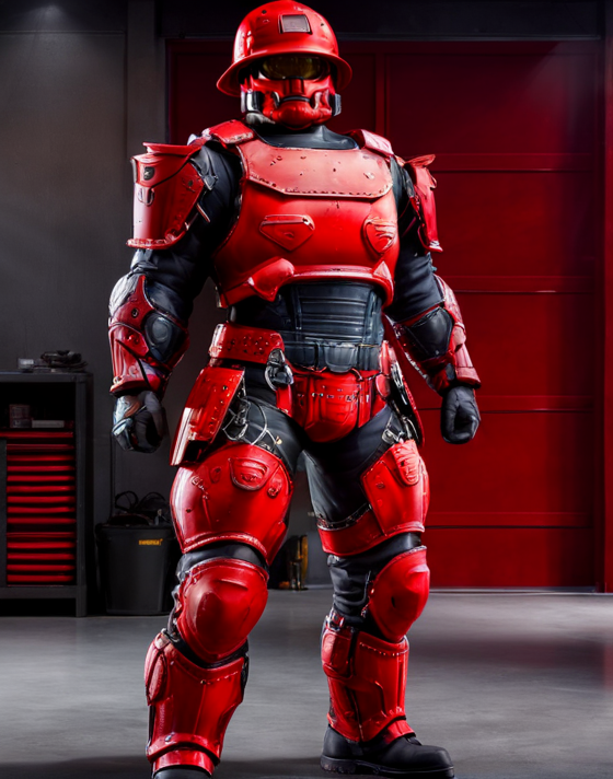 ((Masterpiece, best quality,edgQuality,photorealistic,ultra photorealistic)),standing,posing for a picture,
edgHalo_armor,power armor, a man in a red helmet and armor standing in a garage ,wearing edgHalo_armor
 <lora:edgHaloXL:1>