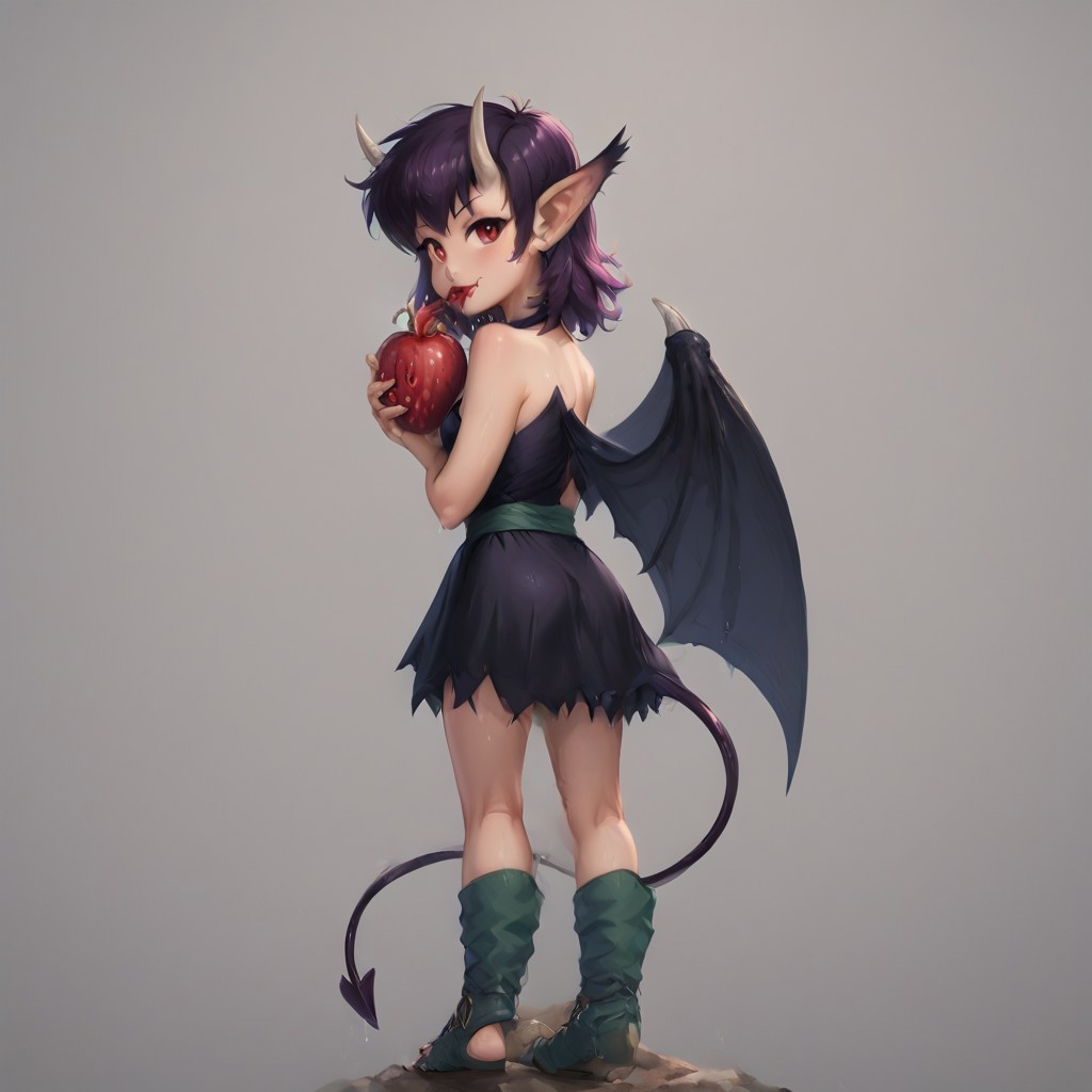 SFW, rating_all, score_10, score_8_up, score_7_up, 1female, (((solo))), Friday, red eyes, spade tail, demon wings, horns, ear-fluff-tips, sharp toenails, footwear, Friday's dress, IndFri, Tiny woman, puffed cheeks, wet mouth, holding giant berry, half eaten berry, looking back, looking at viewer, beautiful, detailed, vector, flat colors