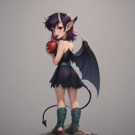 SFW, rating_all, score_10, score_8_up, score_7_up, 1female, (((solo))), Friday, red eyes, spade tail, demon wings, horns, ear-fluff-tips, sharp toenails, footwear, Friday's dress, IndFri, Tiny woman, puffed cheeks, wet mouth, holding giant berry, half eaten berry, looking back, looking at viewer, beautiful, detailed, vector, flat colors
