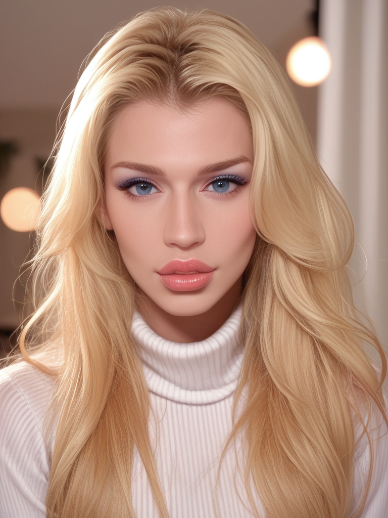 score_9, score_8_up, score_7_up, Danyelle3V4ngelista , Danyelle Evangelista,<lora:Danyelle3V4ngelista-000009-pony:1>, 1girl, makeup, lips, long hair, blonde hair, big lips, white sweater, solo, looking at viewer, bokeh, focus, film, velvia, artistic, best quality, photograph, focus