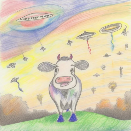 cow, field,( Abduction:1),(cow),(ovni:1) , beam of light,(UFO cow abduction:1.5),starry sky, (night)<lora:crayons_v1_sdxl:1>