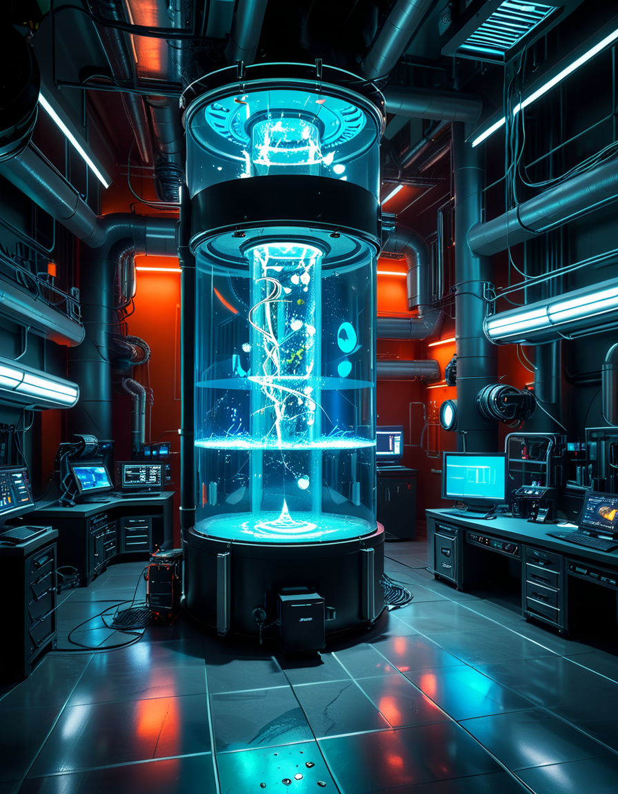 Imagine a futuristic laboratory with sleek, metallic surfaces and glowing blue accents. At the center of the room stands a transparent cylindrical tank filled with a luminescent, swirling liquid. Inside the tank, mysterious organic shapes or specimens float, connected by thin wires to the tank's edges. The space is illuminated by soft, cold light coming from overhead panels, casting subtle reflections on the floor. The background is filled with advanced equipment, monitors displaying streams of data, and shelves containing labeled vials. The atmosphere is clinical yet mysterious, evoking a sense of curiosity and unease.
<lora:SDXLFaeTastic2400:0.4> <lora:extremely_detailed:0.4> extremely detailed,  <lora:tr4nsp4r3nt_cyl1ndr1c4l_t4nk:1> tr4nsp4r3nt cyl1ndr1c4l t4nk, Masterpiece,best quality,hi res,8k,hi res,8k,award winning,(sharp focus, intricate, highly detailed),
