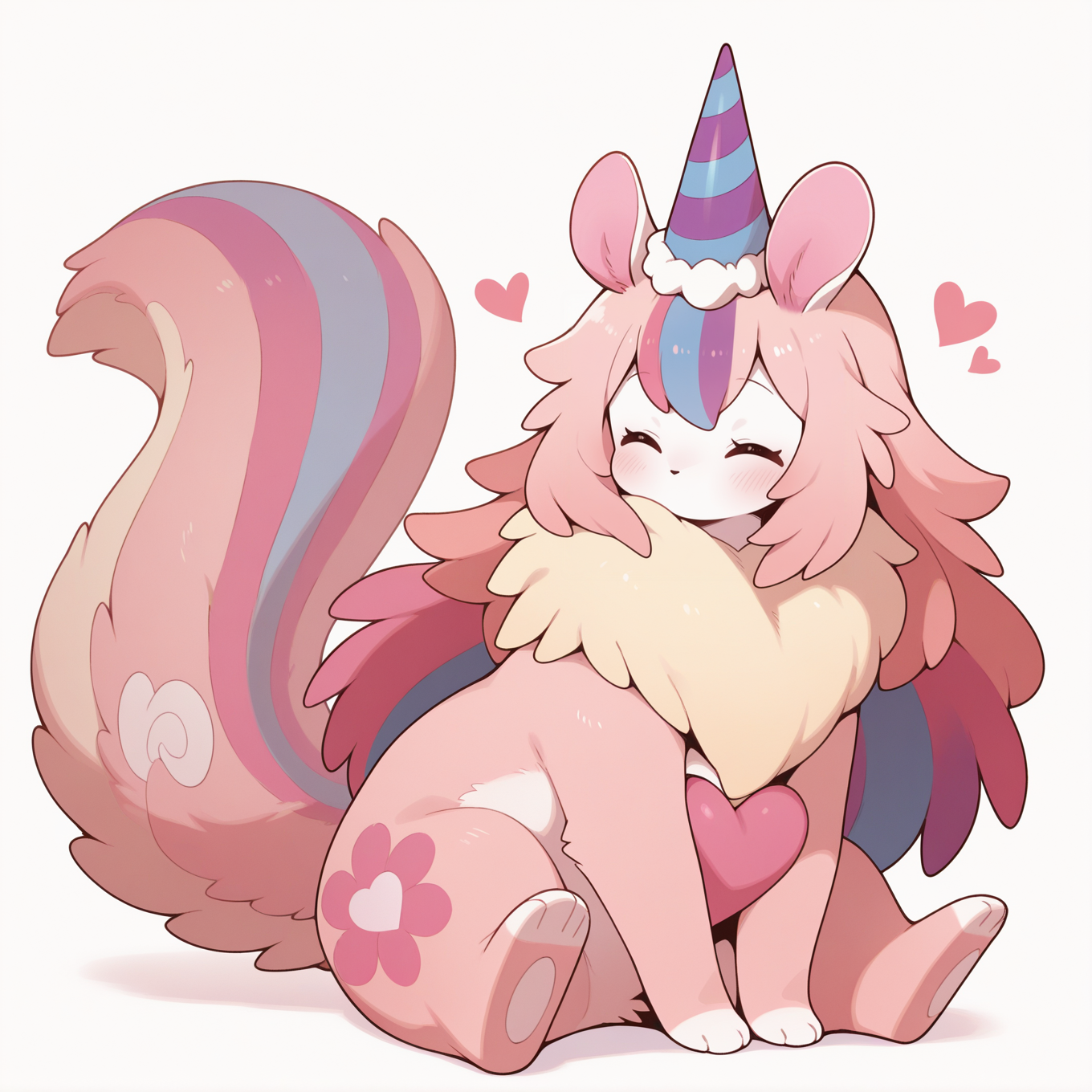 melffy mommy, heart, closed eyes, solo, blush, no humans, white background, simple background, party hat, ^ ^, full body, 1girl, animal focus, pink fur, no mouth, sitting, animal nose,
masterpiece,best quality,amazing quality,very aesthetic,absurdres,newest,<lora:Melffy Mommy illuXL v1.1:0.75>,
