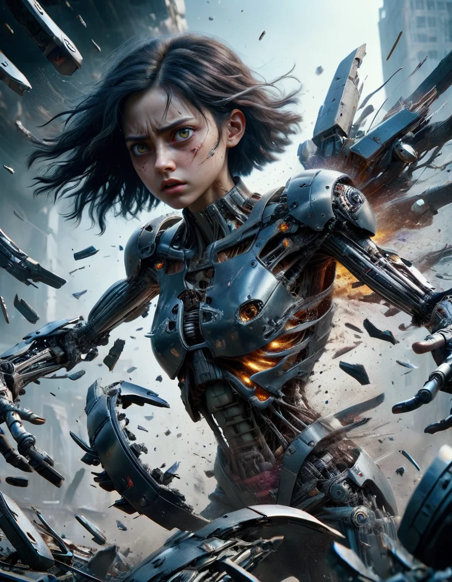Epic CG masterpiece, hdr,dtm, full ha,8K, ultra detailed graphic tension, dynamic poses, stunning colors, 3D rendering, surrealism, cinematic lighting effects, realism, 00 renderer, super realistic, full - body photos, super vista, super wide Angle, HDï¼ In a futuristic abandoned city, a girl with a huge mechanical arm is engaged in a fierce struggle with the enemy, Her name is Alita, a fighting angel from the future world, Her eyes are firm and resolute, showing the desire for victory, high-definition picture, real effect, hyper-realistic portraits, xiaofei yue, uniformly staged images, flat yet expressive, made of ral-vlntxplzn <lora:ral-vlntxplzn:1>