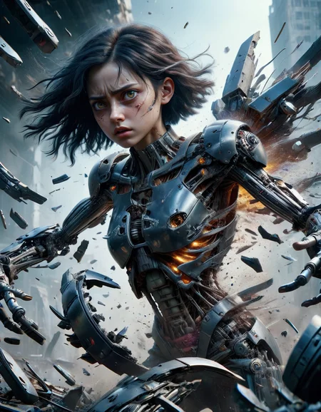 Epic CG masterpiece, hdr,dtm, full ha,8K, ultra detailed graphic tension, dynamic poses, stunning colors, 3D rendering, surrealism, cinematic lighting effects, realism, 00 renderer, super realistic, full - body photos, super vista, super wide Angle, HDï¼ In a futuristic abandoned city, a girl with a huge mechanical arm is engaged in a fierce struggle with the enemy, Her name is Alita, a fighting angel from the future world, Her eyes are firm and resolute, showing the desire for victory, high-definition picture, real effect, hyper-realistic portraits, xiaofei yue, uniformly staged images, flat yet expressive, made of ral-vlntxplzn <lora:ral-vlntxplzn:1>