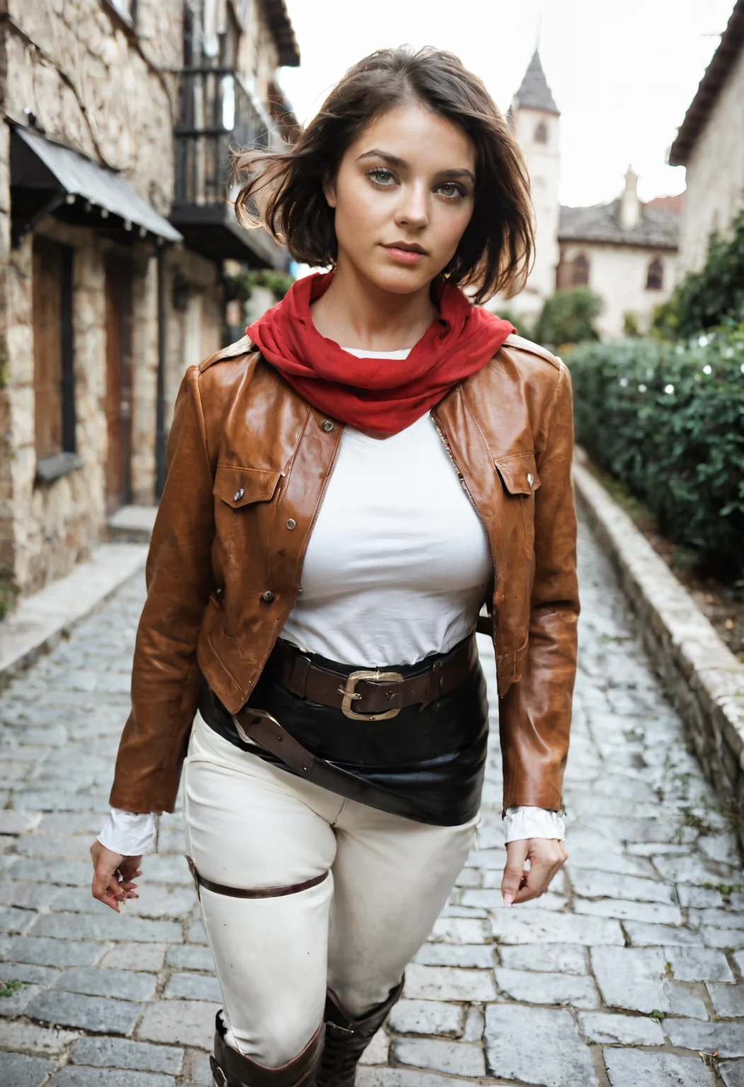 (score_9, score_8_up, score_7_up), colorful, (harsh shadows:1.15), (photorealistic:1.5), 1girl, full body, solo, from above, perspective, mikasa_ackerman, 20 years old, pale skin, german, european,pale skin, green eyes, medium hair, (bob cut:1.15), dense hair, (parted bangs:1.2), large breasts, wide hips, looking at viewer, running, sprinting pose, (thigh strap, harness:1.05),boots, leather skirt, (white pants:1.16), white shirt,full body, standing, belt, red scarf, open jacket, brown jacket, cropped jacket, (leather skirt:1.3), BREAK medieval city, cobblestone rode, medieval houses, scenery, , , , , ,
