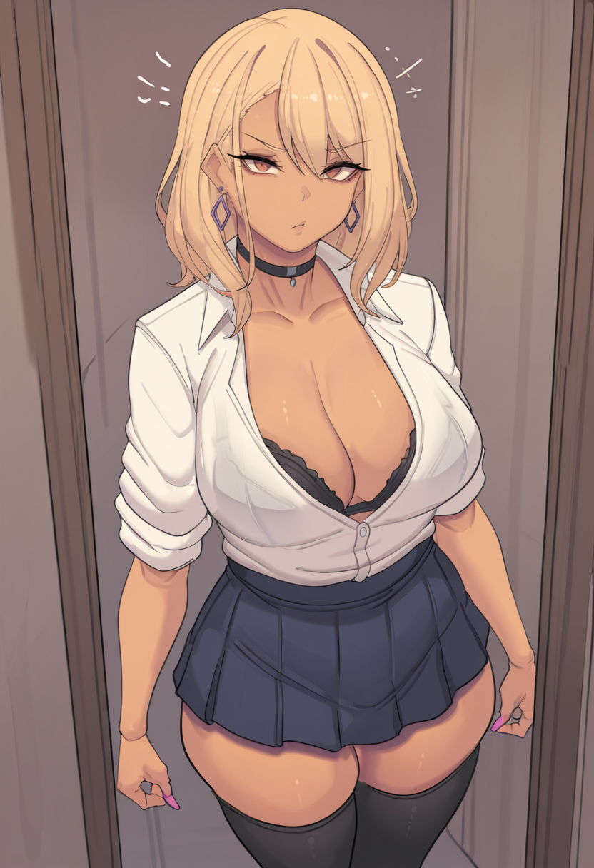 masterpiece, best quality, 
 <lora:metal_owl:1> m3t4l0wl3, 1girl, solo,standing, looking at viewer, disdain,blonde hair, medium hair, gyaru, medium breasts,school uniform, skindentation, cleavage, skirt, thighhighs, choker, earrings, sleeves rolled up, underwear, bra,