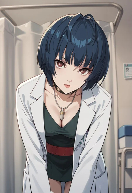score_9, score_8_up, score_7_up, (source_anime), 1 girl, solo, cute face,
p5tae, tae takemi, short hair,
labcoat, necklace, choker, studded collar, short dress, dark green dress, medium breasts, cleavage, red belt,
leaning forward, downblouse,
portrait,
infirmary, hospital room, looking at viewer,
masterpiece, best quality, ultra detailed, absurdres, very aesthetic
