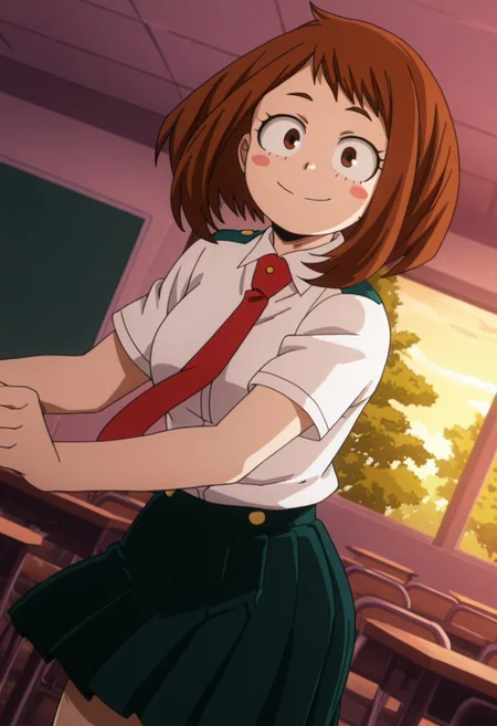 anime coloring, anime screencap, masterpiece
outdoors, tree,
1girl, solo, chako uraraka,uraraka's uravity outfit, brown eyes, brown hair, short hair, blush, blush stickers, smiling, skirt, shirt, school uniform, white shirt, short sleeves, pleated skirt, necktie, collared shirt, red necktie, u.a. school uniform,
indoors, classroom,
looking at viewer, cowboy shot, dutch angle, dynamic pose,