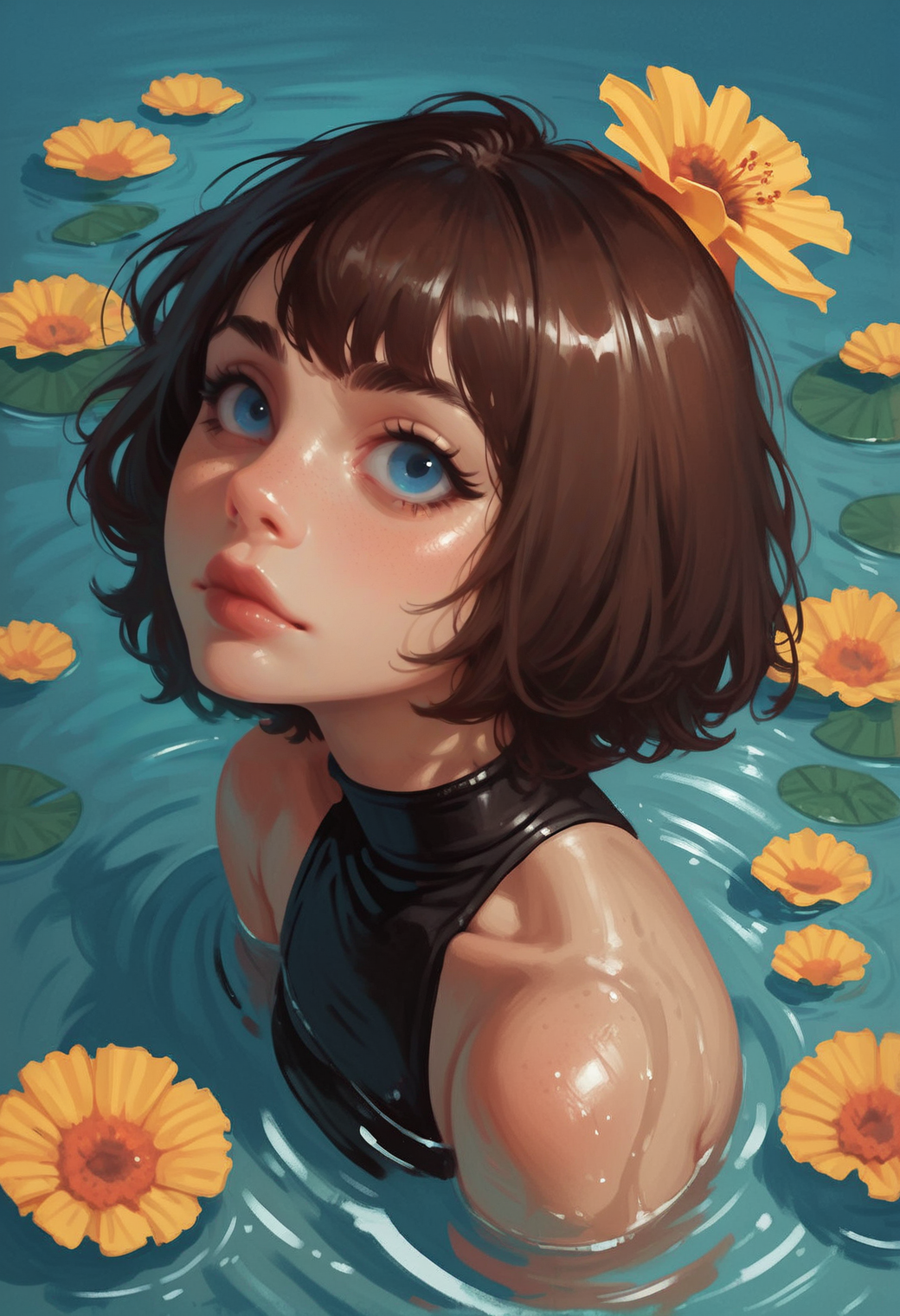 1girl, solo, flower, blue eyes, looking at viewer, water, short hair, partially submerged, brown hair, blue background, , blue theme, portrait, yellow flower,  afloat, closed mouth, bare shoulders, looking up, nose, zPDXL3, detailxl,  Score_PnyReal, (lineless:1.5)