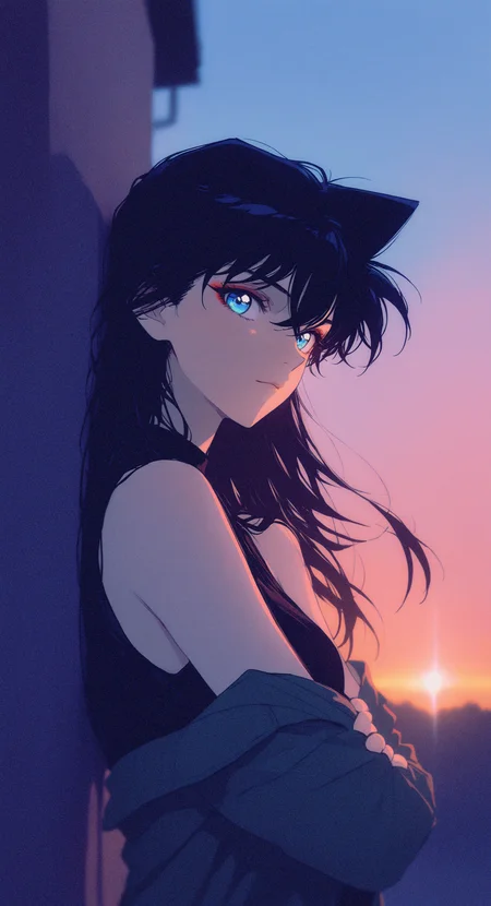 masterpiece, best quality, good quality, very awa, newest, highres, absurdres, (Perfect details),(****), Mouri Ran \(meitantei conan\), 1girl, solo, long hair, blue eyes, black hair, hair between eyes, floating hair, Red Eyeshadow, eyes with a gentle warmth light, looking at viewer, closed mouth, bare shoulders, crossed arms, looking to the side, shirt, jacket, sleeveless, off shoulder, black shirt, sleeveless shirt, against wall, Gentle expression, affectionate, Pure temperament,
upper body, from side, outdoors, wind,
backlighting, sunset, depth of field,blurry, xxx667_illu, glowing, melanch0ly, retro anime, 1990s <lora:illustriousXL_stabilizer_v1.23:0.3> <lora:NOOB_vp1_detailer_by_volnovik_v1:0.3> <lora:ponyv6_noobE11_2_adamW-000017:0.3> <lora:XXX667:0.7> <lora:MelancholyAnime:0.8>