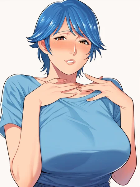 score_9, score_8_up, score_7_up,
1girl, matsui tk, mature female, blue hair, short hair, large breasts, brown eyes,
blue t-shirt, short sleeves, white background, solo, hands on own chest,
upper body, jeans,
looking at viewer, blush, parted lips,