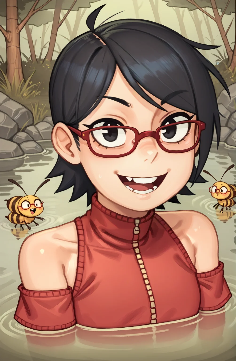 score_9, score_8_up, score_7_up, score_6_up, outside, bees, lake, water, (swamp:1.1), (detailed background:1.1),
lozhkin, open mouth, big smile, accurate teeth with gaps, smile,<lora:lozhkin_pony:0.24>
uchiha sarada, bare shoulders, black eyes, black hair, blush, red framed glasses, short hair, <lora:Uchiha_Sarada_pony:1>
<lora:wamudraws_pony:0.8> wamudraws,
(kelvin hiu:0.5),
