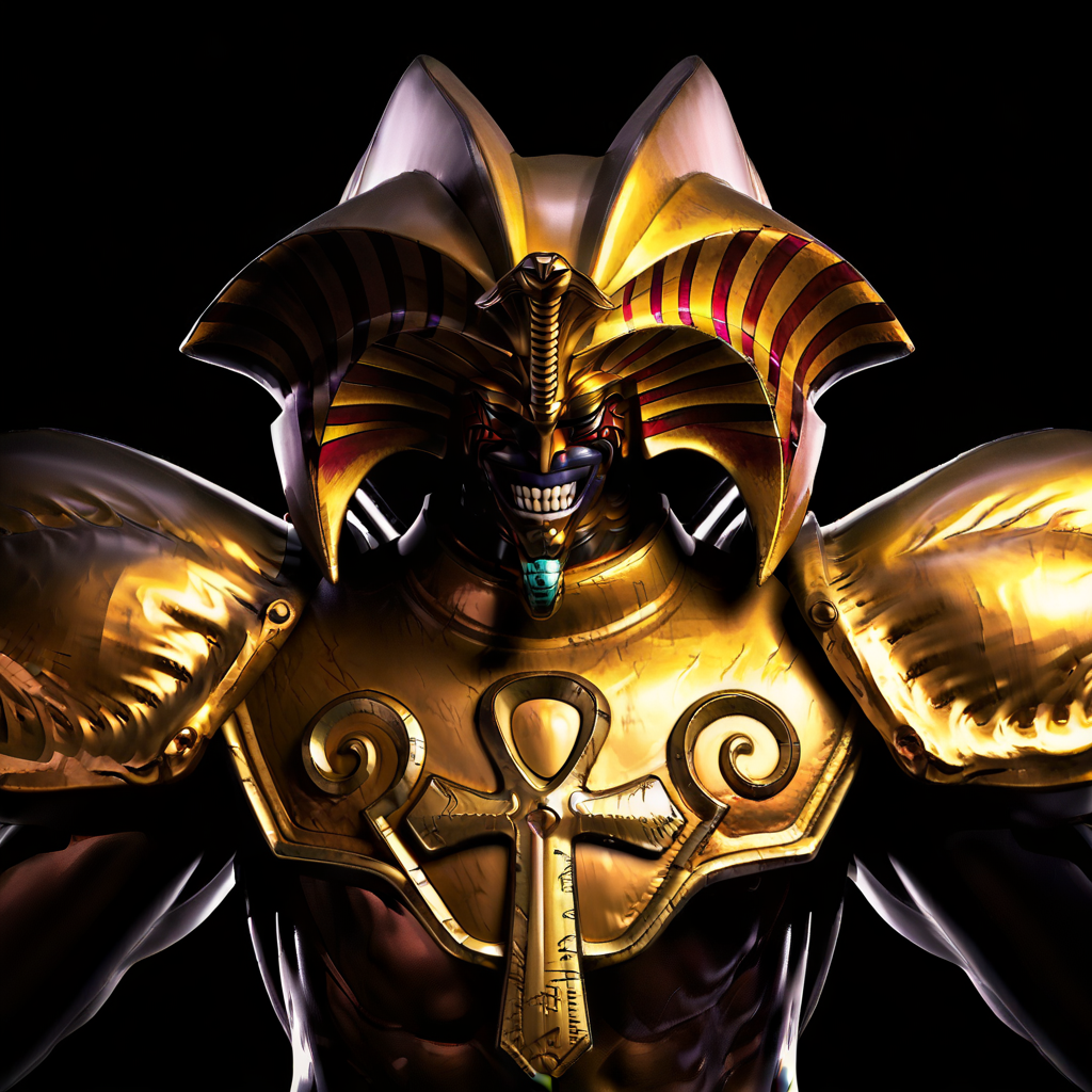 exodia, smile, red eyes, male focus, full body, 1boy, helmet, no humans, gold armor, cross, cuffs, black background, armor, dark skin, ancient egyptian