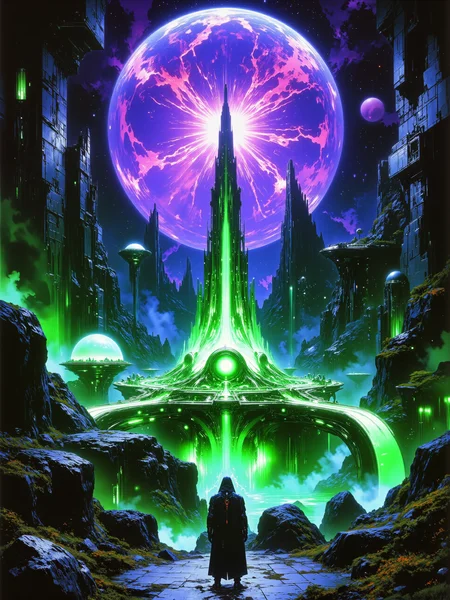 famous science fiction artwork, inspired by roger dean and stephan martiniere, absurdres, ultra-high-resolution, bizarre and mind-bending, cinematic view, hyper-realistic and highly detailed digital masterwork painting of an alien spaceport with landing platforms and dome-shaped hangars, in the middle of an otherworldly jungle with a breathtaking galactic nebula in the background, a den of scum and villainy with an alien planet in the sky, details include a landing spaceship and bizarre alien flora surrounding the port, and a detailed back view of an alien mercenary gazing at the spacesport in the distance, tall cliffs, engine trails, cosmic energy, aliens, royal purple and obsidian black and sea green and ivory, highly atmospheric, masterful use of light and shadow, grand composition, cinematic visual storytelling, ovg, artilands02, arsmoviestill, 80s fantasy movie still, <lora:style-fantastic_landscapes-v2-flux-by_artifyai:0.76> <lora:style-80s_fantasy_movie-v3-flux-by_arsmachina:0.6>