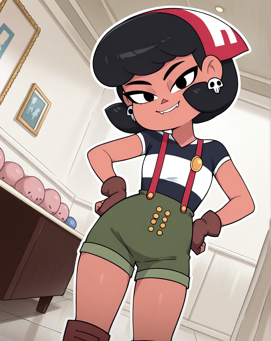 masterpiece, best quality, amazing quality, very aesthetic, absurdres, newest, solo, UmiZYN, 1girl, solo, tan skin, black hair, short hair, fangs, head covering, skull earrings, (overalls, striped t-shirt, dark green pants, shorts, brown boots, fingerless gloves), cowboy shot, looking at viewer, beautiful, ((beautiful face, beautiful eyes)), Wide Hips, Thicks Thighs, Thicc Girl, standing,(smile, dutch angle, Hands on hips,naughty pose, looking at viewer, indoors, elegant room, solo, dynamic pose, full_body, head tilt,),((white background, White frame, white outline))