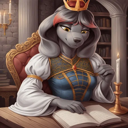 masterpiece, score_9_up, score_8_up, score_7_up, score_6_up, source_furry, (best quality:1.1), ultra-detailed, high resolution, 1dog girl, solo, Princess Molly, female, anthro, canine, slim body, (((beautiful detailed yellow eyes))), long eyelashes, black fur, short black hair, red hair tips, fluffy tail, big floppy dog ears, animal nose, small breast, royal clothes, crown, black indoors, medieval, home, wooden table, rich decor, sitting, leaning on table, bookshelf, throne, books, candle on table, inkwell, three quarter view, looking down, detailed facial features, expressiveh, highly visible, sharp focus, anatomically correct, detailed background