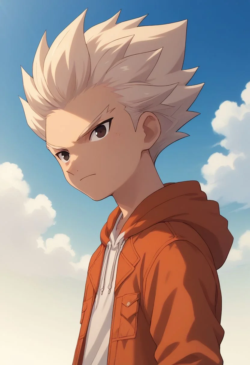 score_9, score_8_up, score_7_up, source_anime, highly detailed, 
axel2, 1boy, male focus, solo, hoodie, hood, orange jacket, sky, cloud, white hair