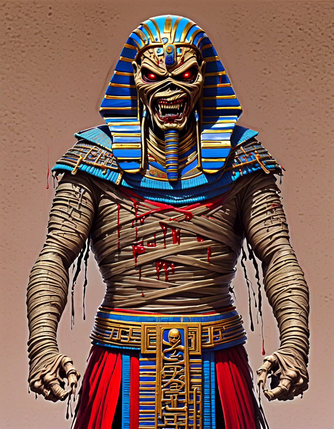 (shin shan:1.1) in (eddie:1.2) style, looking like a mummy,at ,scary, blood, dripping, hyper detailed, highly intricate,,,