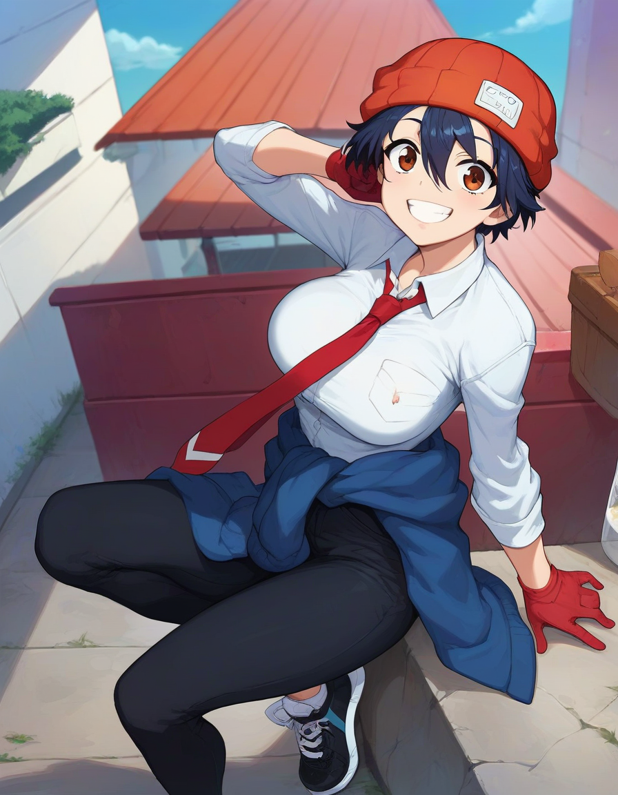score_9,score_8_up,score_7_up,score_6_up BREAK official art,solo,outdoors,smile,looking at viewer,facing viewer,Izumo Fuuko,tomboy,beanie,red headwear,black hair,short hair,hair between eyes,brown eyes,collared shirt,white shirt,red necktie,large breasts,skindentation,long sleeves,red gloves,jacket around waist,black pants,sneakers,black footwear,<lora:Izumo Fuuko(uu)-Pony:1.2>,<lora:Smooth Anime Style LoRA XL:0.8>,
