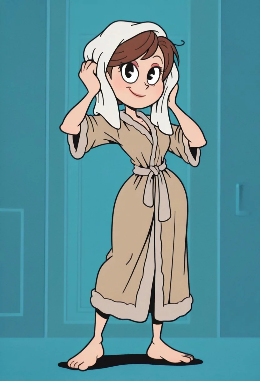 RetroXL, toon \(style\), flat color, 1girl, helen parr, bathrobe, towel on head, drying, drying hair, messy hair,looking at viewer, smile, full body, (masterpiece,best quality,newest,absurdres,highres)  <lora:HelenParr_NAI:1>