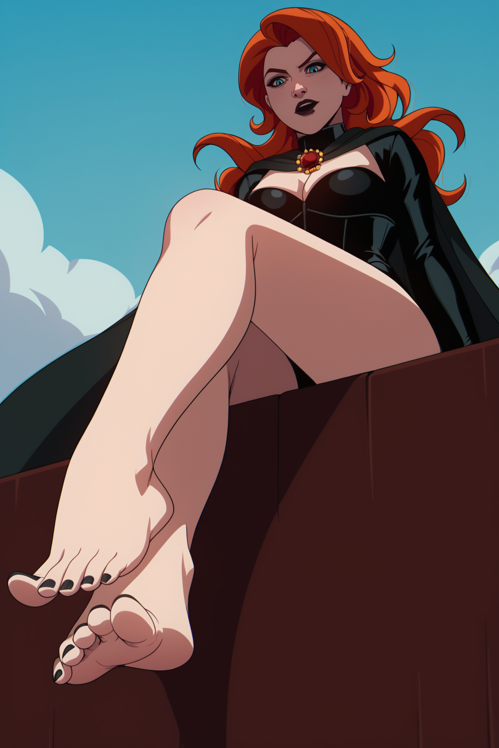 score_9, score_8_up, score_7_up, score_6_up, score_5_up, score_4_up, BREAK, <lora:Jean_V2:1>, 1girl, Jean, orange hair, blue eyes, black cape, brooch, black leotard, cleavage, black bridal gloves, barefoot, bare legs, from below, foot focus, feet focus