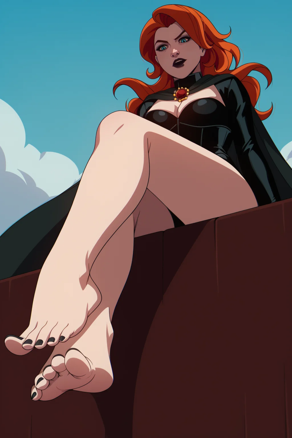 score_9, score_8_up, score_7_up, score_6_up, score_5_up, score_4_up, BREAK, <lora:Jean_V2:1>, 1girl, Jean, orange hair, blue eyes, black cape, brooch, black leotard, cleavage, black bridal gloves, barefoot, bare legs, from below, foot focus, feet focus