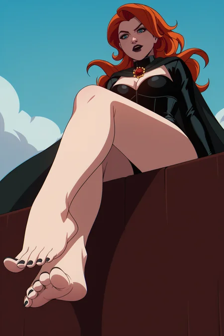 score_9, score_8_up, score_7_up, score_6_up, score_5_up, score_4_up, BREAK, <lora:Jean_V2:1>, 1girl, Jean, orange hair, blue eyes, black cape, brooch, black leotard, cleavage, black bridal gloves, barefoot, bare legs, from below, foot focus, feet focus