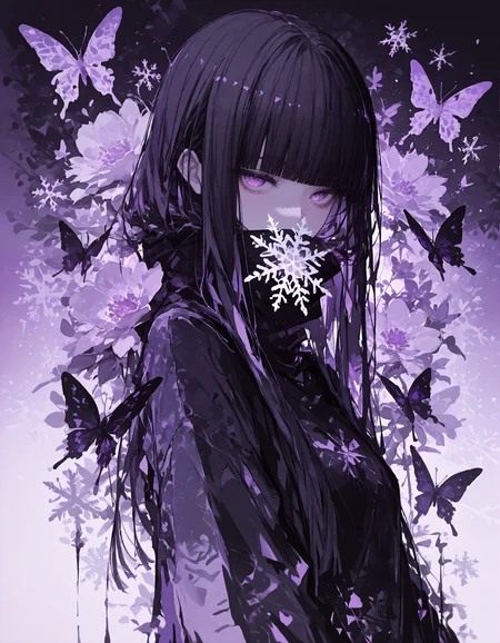 <lora:r17329_illu-000017:1>,r17329_illu, masterpiece, newest,absurdres,incredibly absurdres,1girl, solo, bug, butterfly, bangs, black hair, looking at viewer, long hair, blunt bangs, covered mouth, purple eyes, purple theme, eyelashes, flower, pink eyes, snowflakes, 
dark_theme,abstract background, 
depth of field,