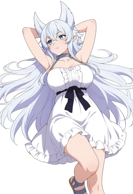 Smooth Quality,masterpiece,very intricate, high quality details, ultra realistic, high detailed skin,detailed enviorement,
white background, simple background, 
front view,lying, hands behind head, knee bent, relaxed, casual,  ,:t,
 <lora:Fenrys_Cinabrio:0.8> fenrys/cnn, 1girl,very long hair,  blue eyes, hair between eyes, pointy ears, large breasts,collarbone,choker, white dress, frills,strap sandals,