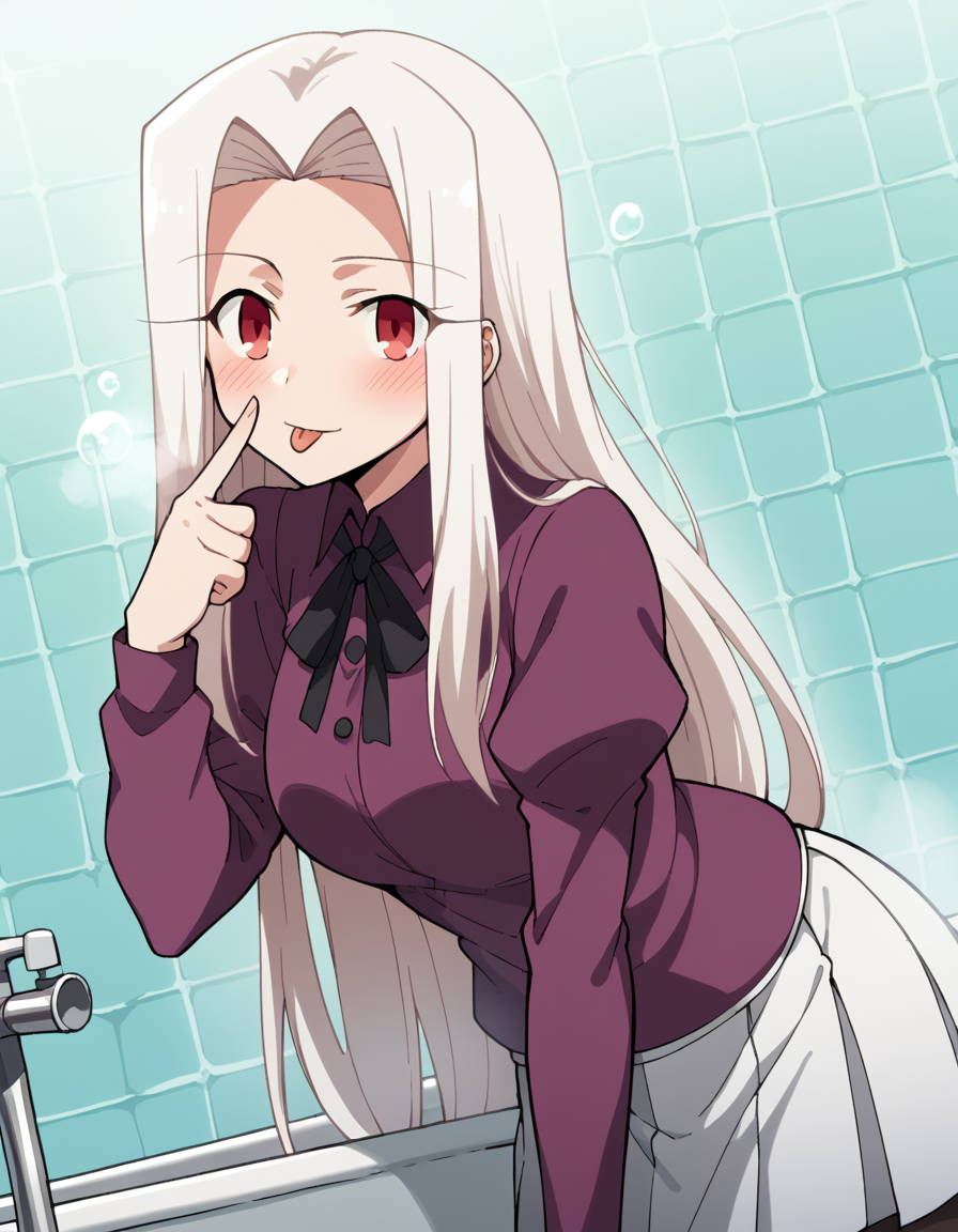 score_9, score_8_up, score_7_up, source_anime, <lora:irisviel-von-einzbern-zero-anime-ponyxl-lora-nochekaiser:1>, irisviel von einzbern, long hair, red eyes, white hair, parted bangs, hair intakes, mature female,, skirt, thighhighs, pantyhose, shirt, long sleeves, purple shirt, collared shirt, ribbon, black ribbon, juliet sleeves, white skirt, pleated skirt,, bathtub, water, bubbles, steam, towel, , <lora:akanbe-ponyxl-lora-nochekaiser:1>, akanbe, eyelid pull, finger to eye, tongue out, :p, tongue, ;p, blush, leaning forward, bent over, from side,, looking at viewer, solo,, dutch angle, cowboy shot
