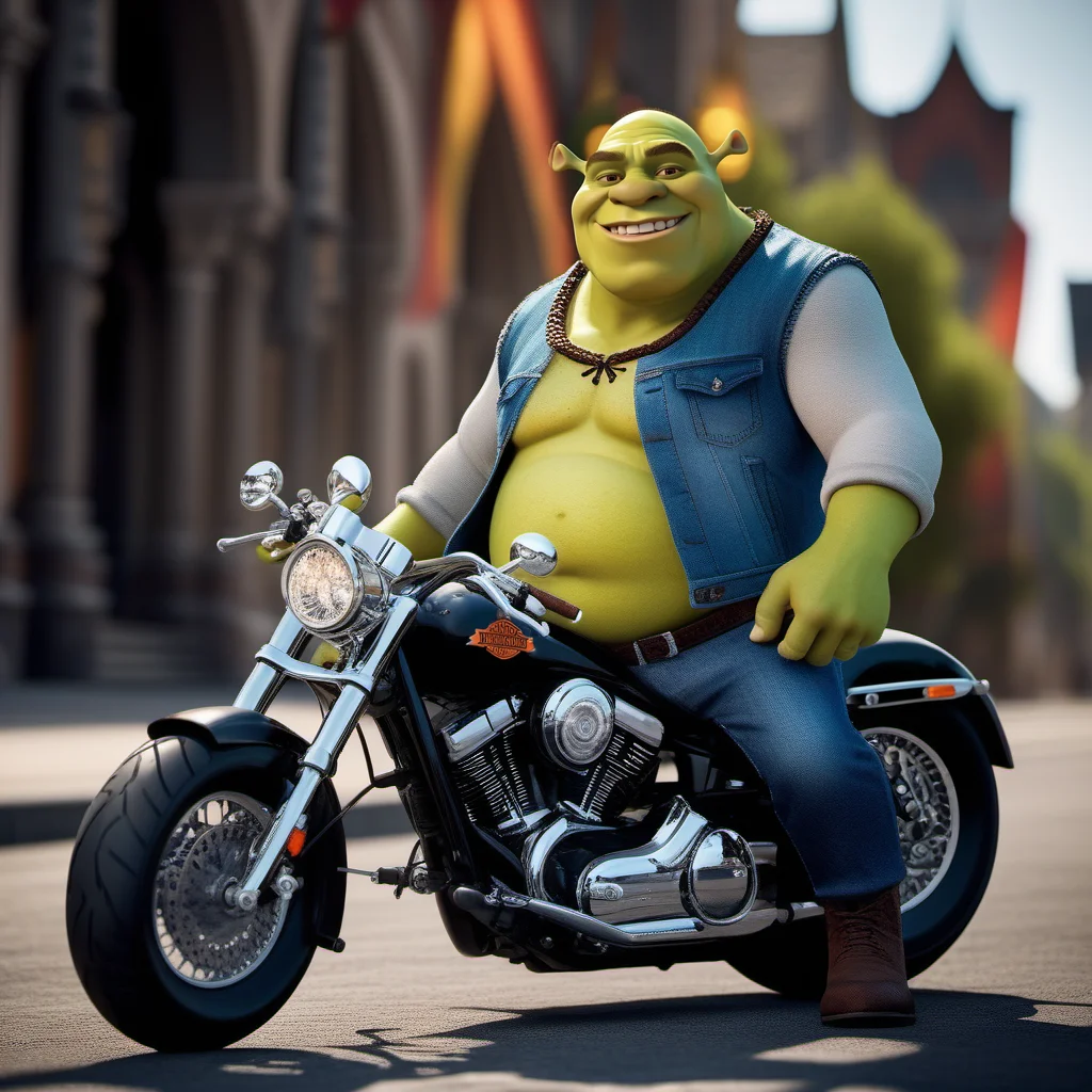 Shrek1024, wears +++sunglasses and jeans jacket and pants, ride an harley davidson motorcycle, smile, tattoos, detailed eyes, highly detailed, photography, ultra sharp, film, bokeh, professional, 4k <lora:Shrek1024:0.3> <lora:add-detail-xl:1>