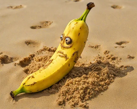 A banana FaVGoneBad on the sandy beach floor <lora:Fruits_and_Vegetables_gone_bad_-_SDXL_LoRA:0.8>