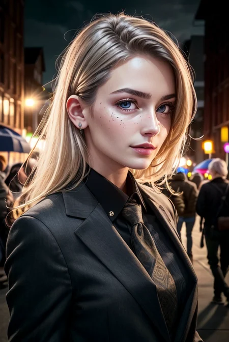 (cowboy shot:1.1), (masterpiece, best quality, high quality, highres, ultra-detailed), lamppost, night, crowd,
1girl, long hair, platinum blonde hair, green eyes, looking at viewer, light smile, allblacksuit,
AS-Adult, Asian-Less, SkinHairDetail, <lora:attire_allblacksuit:1>,