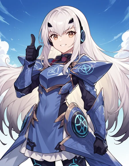 score_9, score_8_up, score_7_up, source_anime, <lora:fgo-melusine-ponyxl-lora-nochekaiser:1>, melusine, brown eyes, long hair, white hair, sidelocks,, armor, armored dress, black dress, black gloves, blue armor, blue dress, breastplate, dress, faulds, gloves, mask, pauldrons, short dress, shoulder armor,, music store, browsing records, headphones, vinyl collection, nostalgic, smile, , hand showing a thumbs up, solo,, cowboy shot, dutch angle