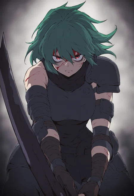 newest anime, modern anime, comic shading, masterpiece, best quality, highly detailed, absurdres, dark, limited palette, vignetting, battlefield, warzone, ruined city, 1girl, mature, scars, armor, holding sword, blood on face, green hair, long hair, facing viewer, looking at viewer, gloomy, downcast eyes, frown, hunched shoulders, bored, gloomy aura, expressionless, lowered eyelids, bags under eyes,